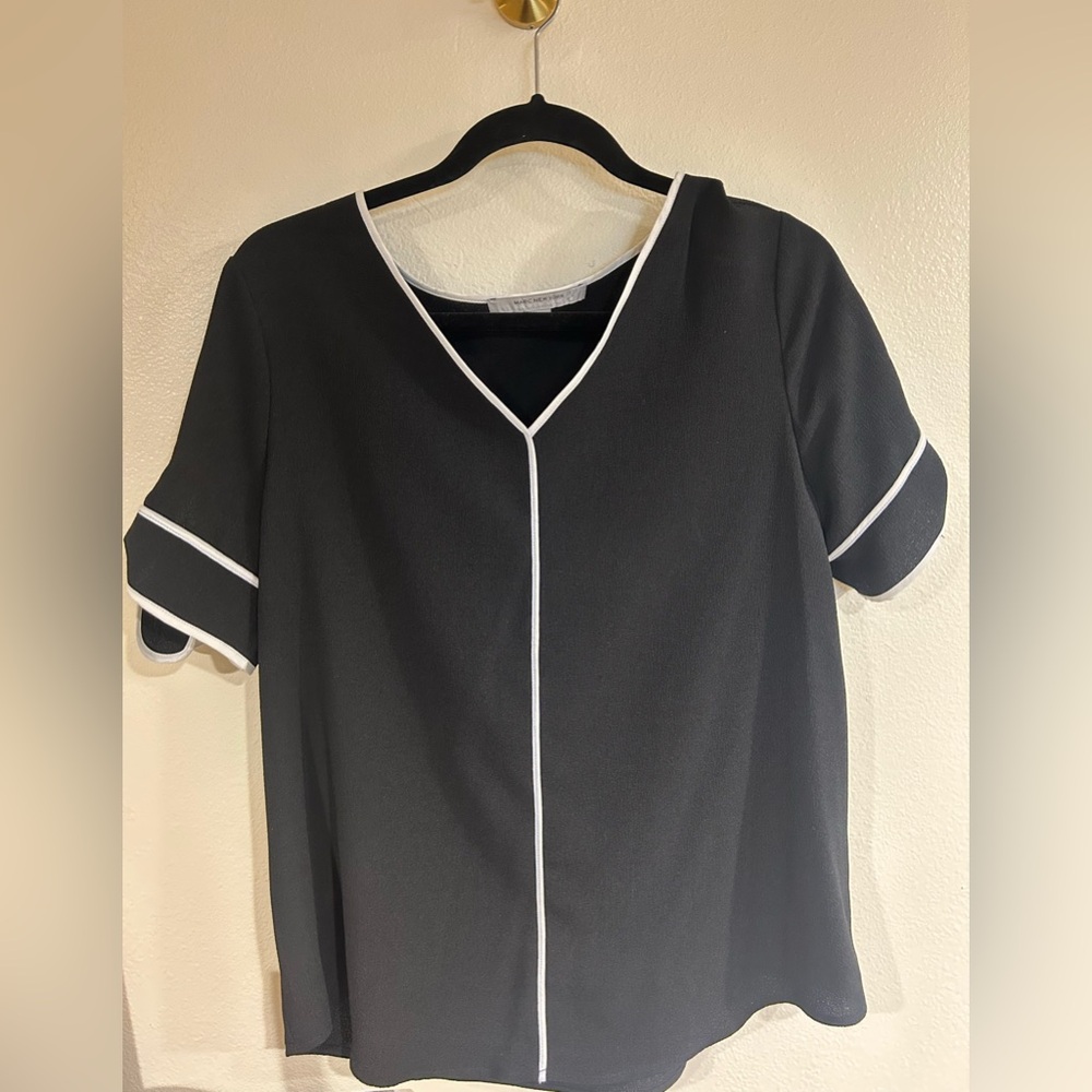 Black blouse with white V neck medium